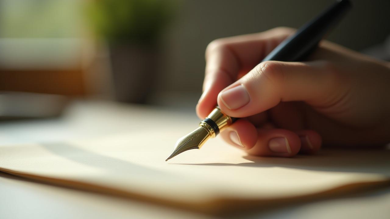 静かに書物に向かう手のクローズアップ。伝統的な万年筆が和紙の上を滑る様子。