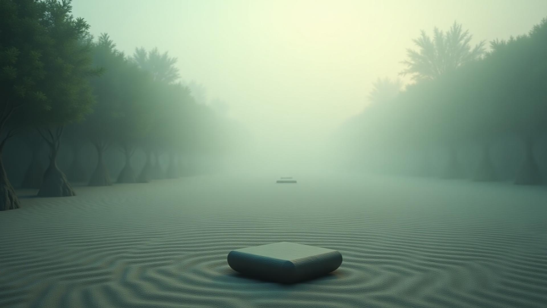 静かなデジタル禅庭園、丁寧に手入れされた石と砂のパターン