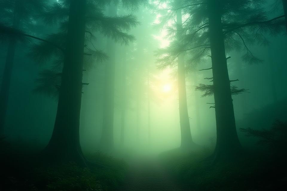 霧に包まれた深いデジタルの森、幽玄な雰囲気