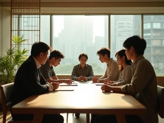 開放的でモダンな日本のオフィスで、Кэйдоチームが共同作業する様子