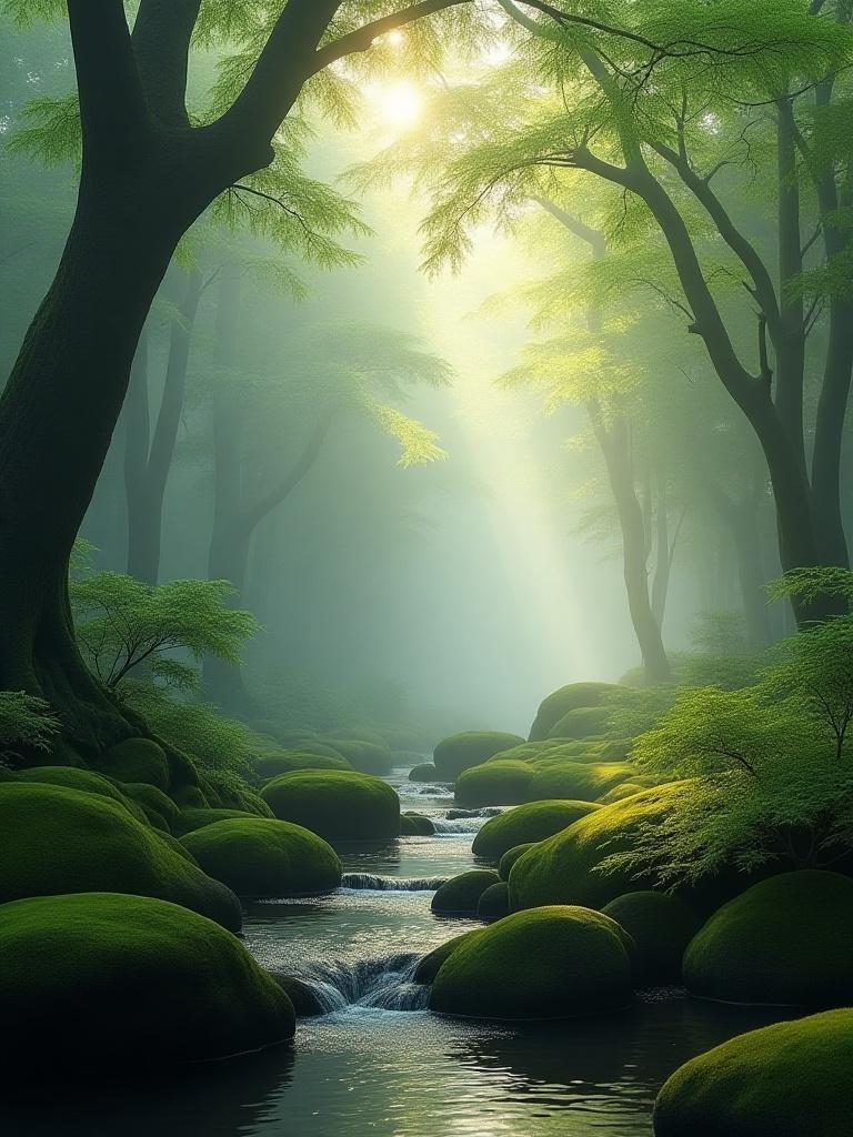 静かな日本庭園の夜明け、苔と石、霧が漂う様子