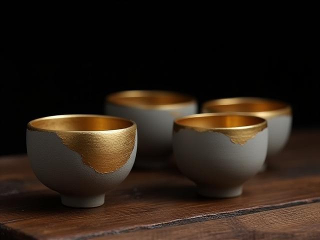 金継ぎの器が並べられた、控えめながらも豊かな質感のあるミニマリストな空間