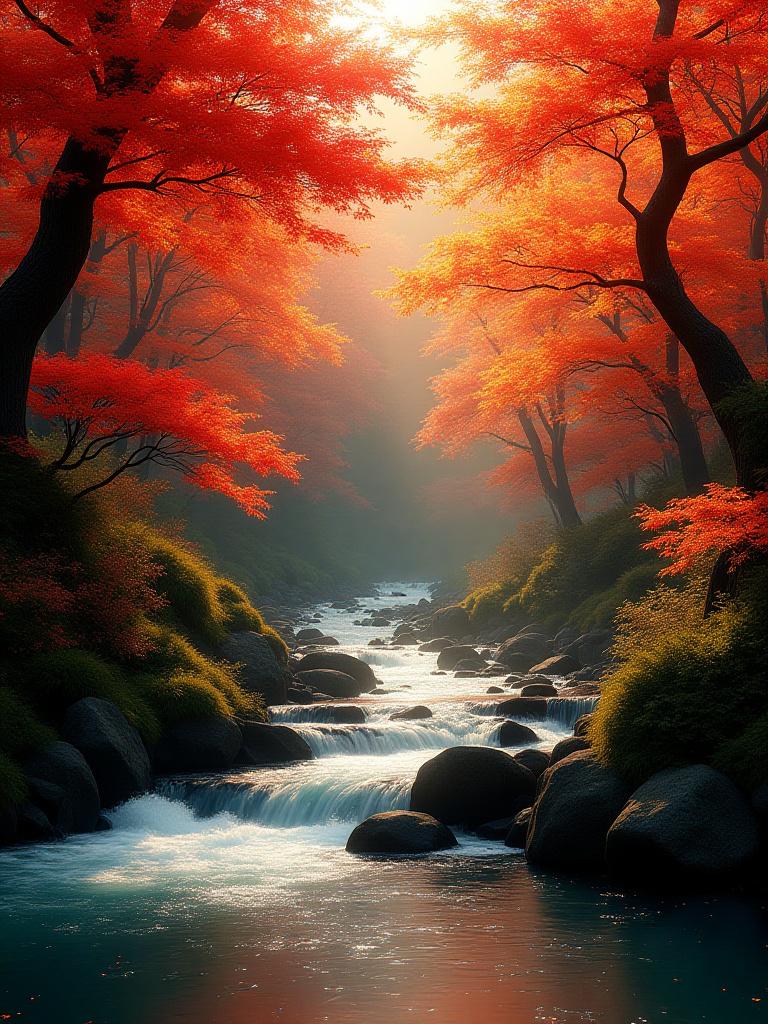 穏やかな秋の日本の風景、紅葉が美しく色づく渓谷