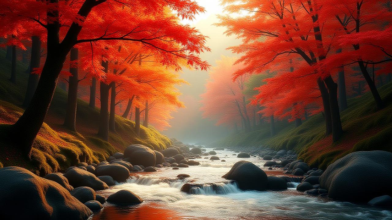 穏やかな秋の日本の風景、紅葉が美しく色づく渓谷