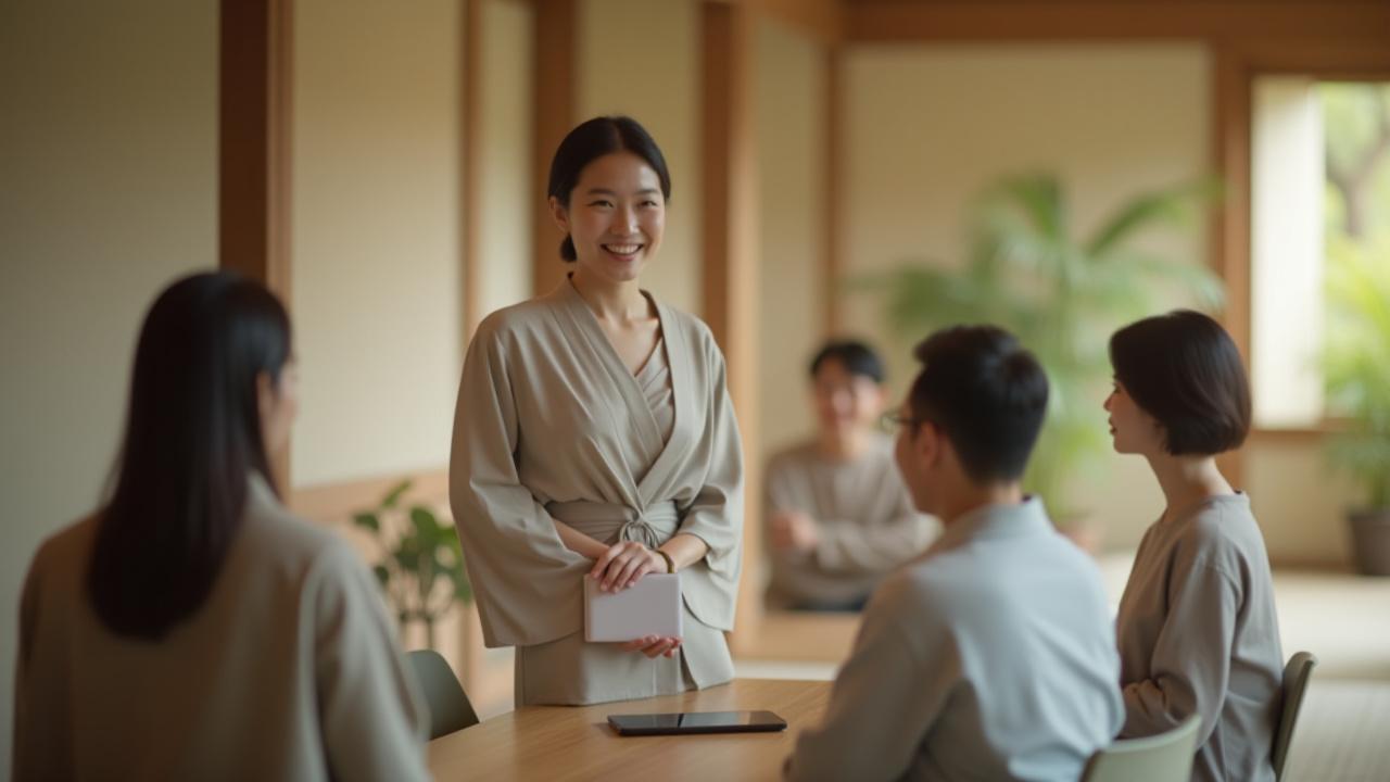 講師が少人数の受講生と仮想ワークショップを指導している様子。平和で穏やかな雰囲気