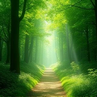 木漏れ日が差す夏の深い森の小道