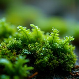 苔むした石と繊細なシダのクローズアップ