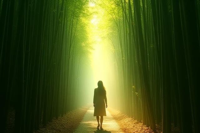 参加者が歩く竹林の道