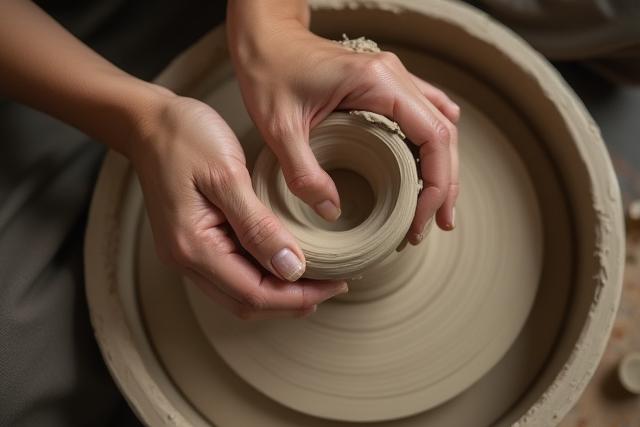 陶芸体験で土をこねる手のクローズアップ