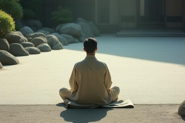 枯山水の庭園で瞑想する人影